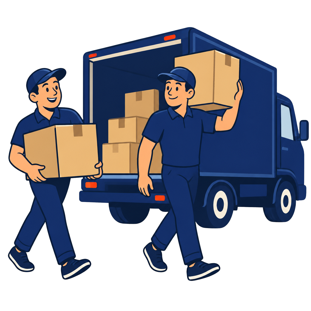 Movers carrying boxes near a box truck